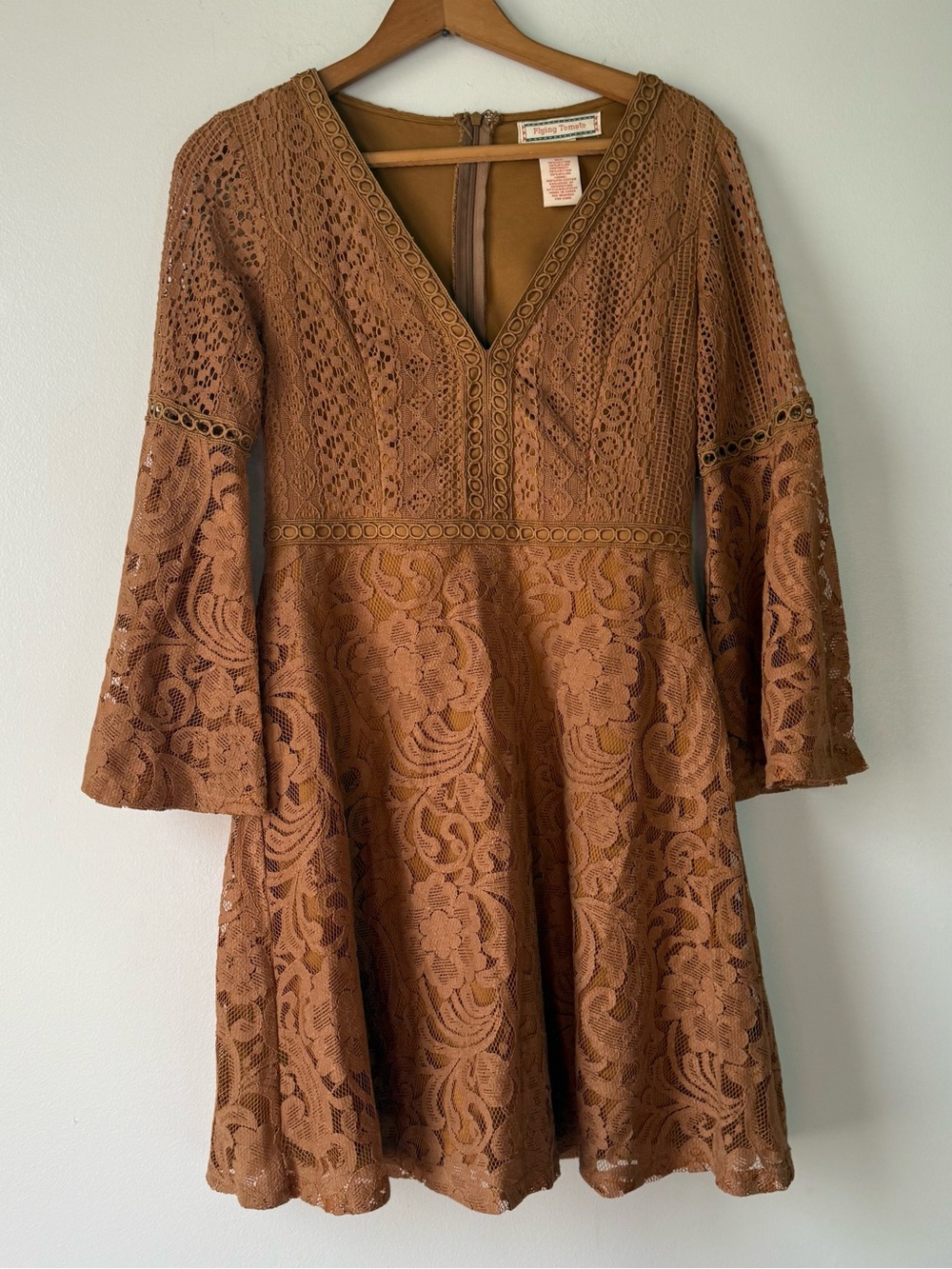 Flying Tomato Brown Lace Mini Dress Women’s Size Small Bell sleeves Boho